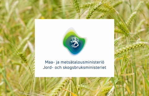 Maa- ja metsätalousministeriön logo ja viljapelto.