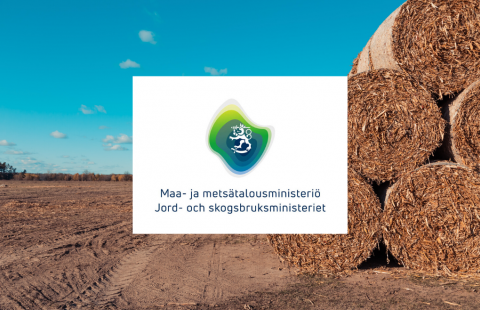 Maa- ja metsätalousministeriön logo ja viljapelto.