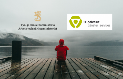 TEM:in ja TE-palveluiden logo, hahmo merenrannalla.