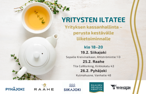 Tilaisuuden nimi, päivämäärät, kuntien logot ja taustalla teekuppi ja -pannu.