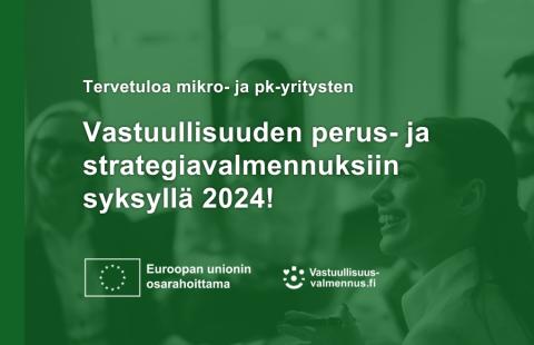 Hymyileviä ihmisiä sekä vastuullisuusvalmennuksen ja EU:n logot.