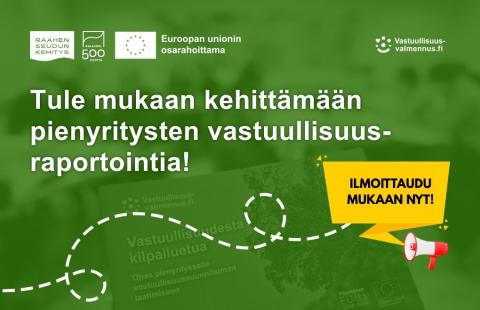 Teksti tule mukaan kehittämään pienyritysten vastuullisuusraportointia. Vihreällä taustalla hankelogot.