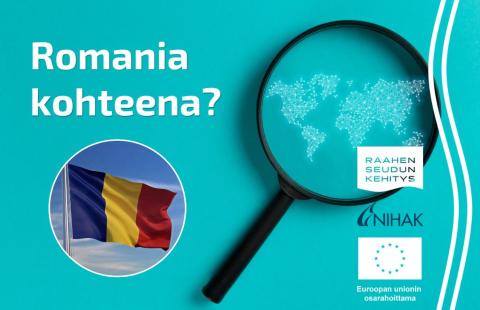 Teksti Romania kohteena ja Romanian lippu. Sinisellä taustalla suurennuslasi, jossa maailmankartta. 