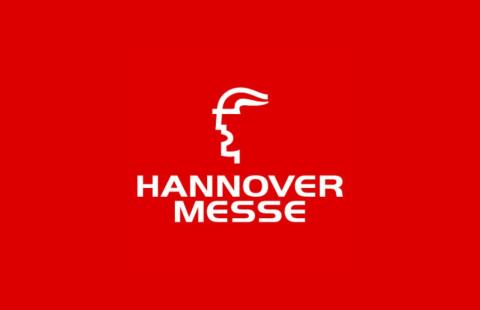 Hannover Messe logo punaisella pohjalla.