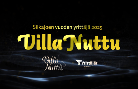 Kultainen teksti Siikajoen vuoden yrittäjä 2025 VillaNuttu sekä lisäksi yrityksen ja Siikajoen Yrittäjien logot.
