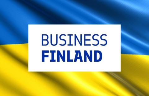 Ukrainan lippu ja Business Finlandin logo.