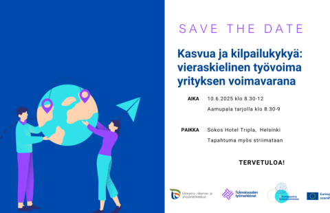 Tapahtuman tiedot ja piirroskuva kahdesta henkilöstä pitämässä käsissään maapalloa.