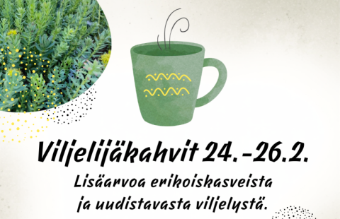 Tapahtuman tiedot, järjestäjän logot ja piirros kahvikupista.