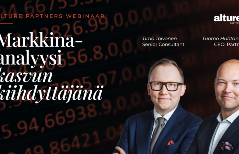 Alture Partnersin webinaarin kansikuva: Markkina-analyysi kasvun kiihdyttäjänä, 27.10.2026, puhujina Timo Toivonen ja Tuomo Huhtanen