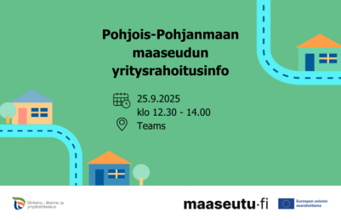 Piirroskuva taloista ja teistä vihreällä taustalla ja tekstinä tapahtuman tiedot.