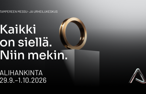 Alihankinta-messujen mainos. Teksti Kaikki on siellä, niin mekin ja tapahtuman ajankohta. Taustalla kultainen rengas korokkeella.
