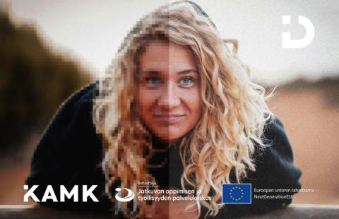Puoliksi pikselöitynyt ja puoliksi tarkkarajainen ihminen. Ditta-hankkeen, Kamkin, Jatkuvan oppimisen ja työllisyydenpalvelukeskuksen ja EU NextGeneration -logot.