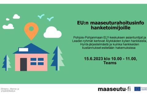Piirroskuva talosta, kuusista ja pilvistä sekä tapahtumatiedot.