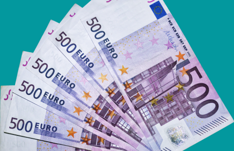 Viidensadan euron seteleitä viuhkana.