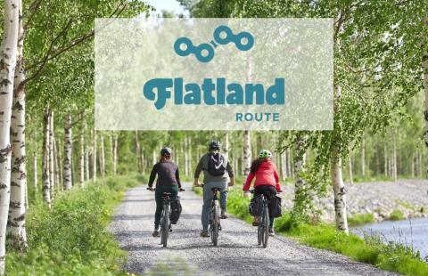Kolme pyöräilijää takaapäin kuvattuna kesäisellä metsätiellä ja Flatland-logo.