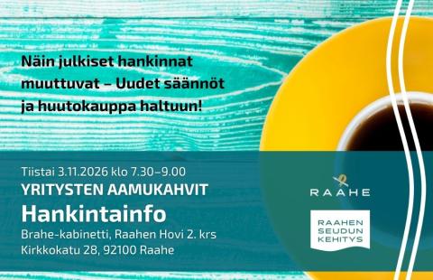 Tilaisuuden tiedot ja taustalla keltainen kahvikuppi.