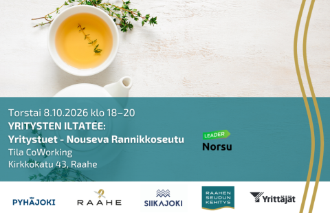 Tilaisuuden tiedot, kuntien logot ja taustalla teekuppi ja -pannu.