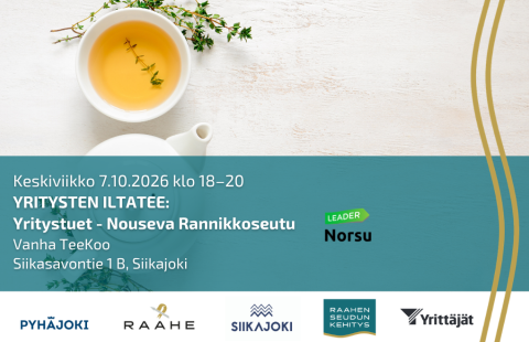 Tilaisuuden tiedot, kuntien logot ja taustalla teekuppi ja -pannu.
