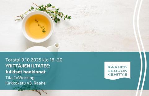 Tapahtuman tiedot ja vaalealla taustalla teepannu ja -kuppi.