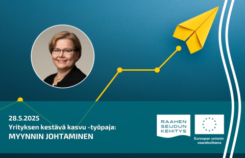 Kouluttajan kuva ja työpajan tiedot, taustalla keltainen lennokki.
