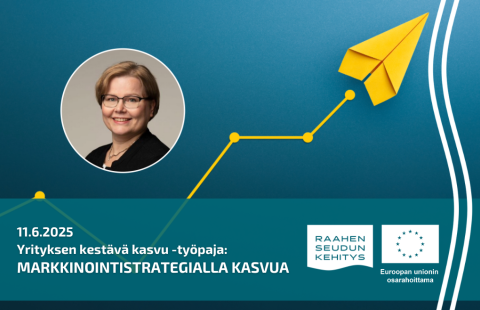 Kouluttajan kuva ja työpajan tiedot, taustalla keltainen lennokki.