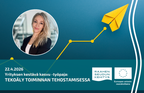 Kouluttajan kuva ja työpajan tiedot, taustalla keltainen lennokki.