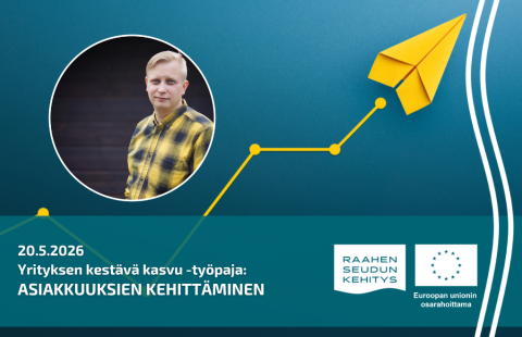 Kouluttajan kuva ja työpajan tiedot, taustalla keltainen lennokki.