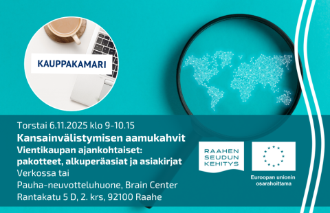 Tilaisuuden tiedot ja Kauppakamarin logo kahvikupin ja läppärin päällä. Taustalla maailmankartta suurennuslasin alla.