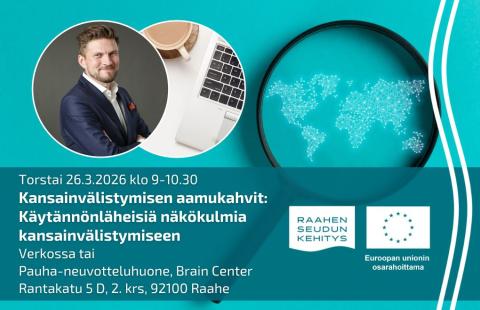 Tilaisuuden tiedot ja kuva asiantuntijasta. Taustalla suurennuslasi, jonka alla maailmankartta.