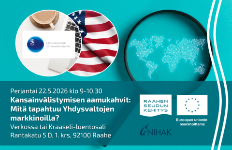 Tilaisuuden tiedot ja kuva ulkoministeriön logosta ja Yhdysvaltojen lipusta. Taustalla suurennuslasi, jonka alla maailmankartta.