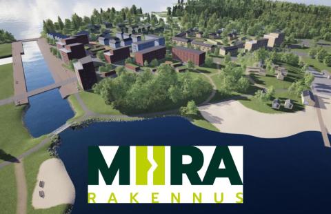 3D-kuva uudesta asuinalueesta ja MiiRan logo.