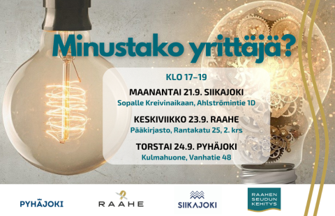 Minustako yrittäjä -tilaisuuksien aikataulu. Taustalla kaksi sytytettyä lamppua. Siikajoen, Raahen, Pyhäjoen ja Raahen seudun kehityksen logot.