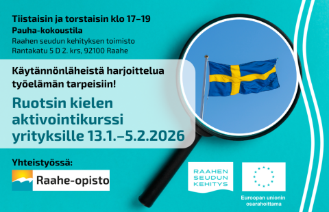 Kielikurssin tiedot, järjestäjien logot ja taustalla Ruotsin lippu suurennuslasissa.