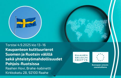 Tapahtuman tiedot ja Ruotsin lippu, taustalla suurennuslasi jossa maailmankartta.