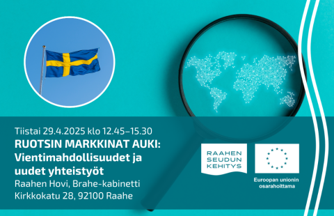 Tapahtuman tiedot ja Ruotsin lippu, taustalla suurennuslasi jossa maailmankartta.