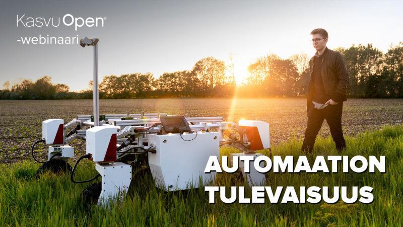Kuva: KasvuOpen Tapahtumamainos, kuvassa henkilö peltomaisemassa koneen kanssa.