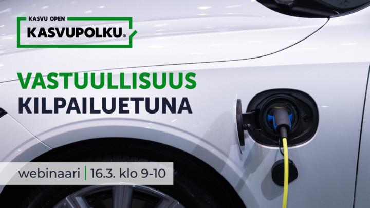 Kuva: Kasvu Open. Tapahtumamainos webinaarista, kuvassa valkoinen sähköauto latauksessa.