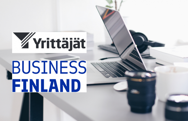 Avoin läppäri sekä Yrittäjien ja Business Finlandin logot.