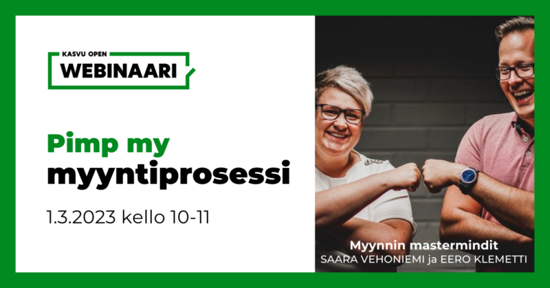 Kuva: Kasvu Open. Tapahtumamainos webinaarista, kuvassa kaksi iloista henkilöä.