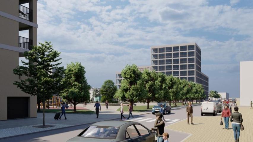 Näkymä Sovionkadulta Härkätorinpuistoa kohden. Kuva: FCG Finnish Consulting Group Oy / FCG Arkkitehdit. Härkätorinpuisto uusien rakennusten välissä 3D-mallissa.