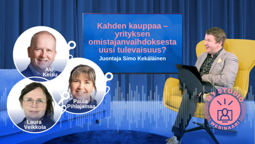 Kasvokuvat webinaarivieraista sekä tilaisuuden juontaja istumassa keltaisessa nojatuolissa.