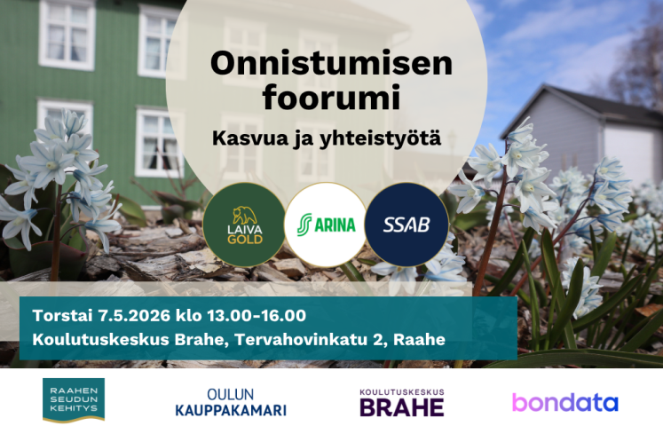 Tilaisuuden nimi, aika ja paikka sekä osallistujien ja järjestäjien logot. Taustalla kevätkukkia Wanhassa Raahessa.