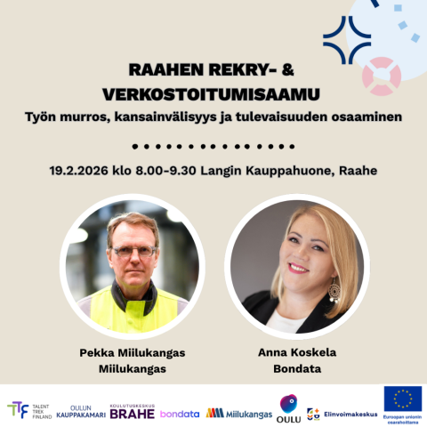 Tilaisuuden nimi ja henkilökuvat yritysten asiantuntijoista Miilukangas ja Koskela.