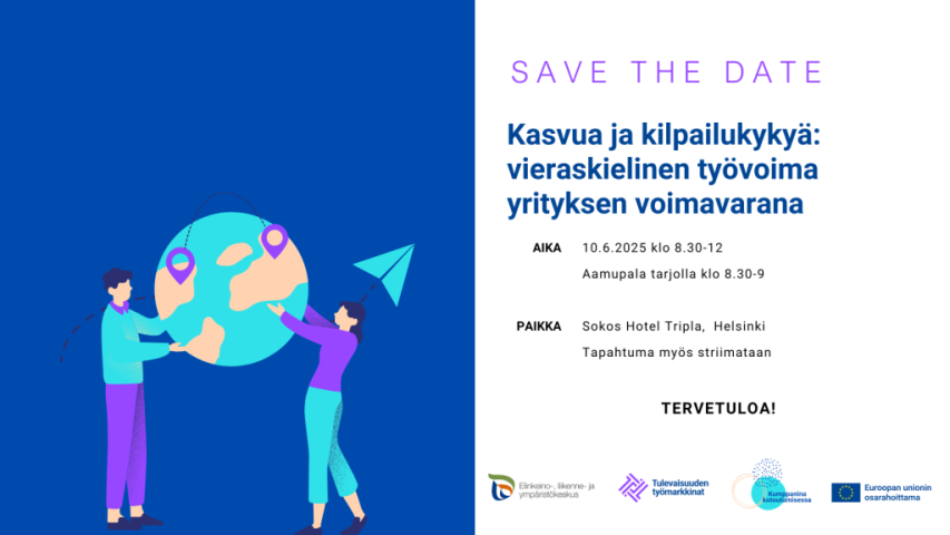 Tapahtuman tiedot ja piirroskuva kahdesta henkilöstä pitämässä käsissään maapalloa.