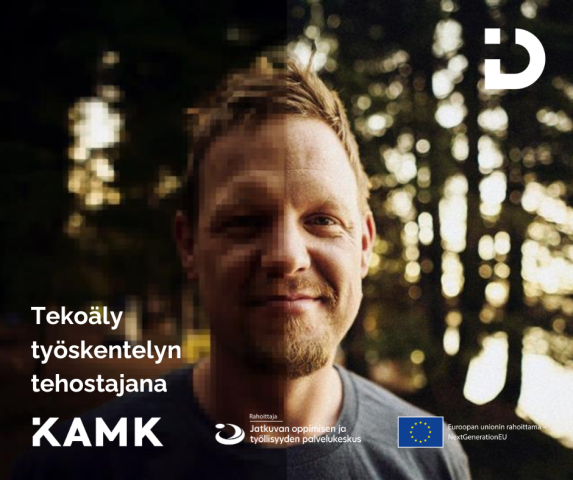 DITTA-hankkeen Tekoäly työskentelyn tehostajana -webinaari 14.4. klo 15 Puoliksi pikselöitynyt ja puoliksi tarkkarajainen ihminen. Ditta-hankkeen, Kamkin, Jatkuvan oppimisen ja työllisyydenpalvelukeskuksen ja EU NextGeneration -logot.