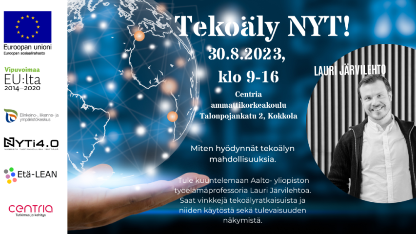 Tekoäly nyt -tapahtuman tiedot ja kuva puhujasta.