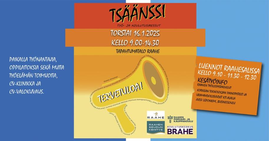 Tsäänssi-tapahtuman tiedot ja piirretty megafoni.