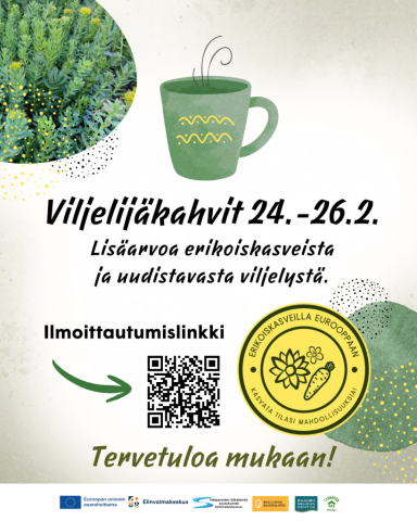 Tapahtuman tiedot, järjestäjän logot ja piirros kahvikupista.