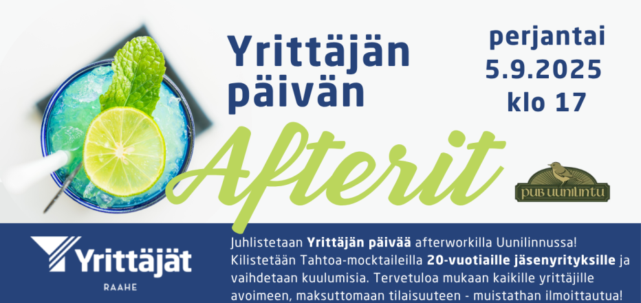 Kuva: Raahen Yrittäjät Tapahtuman tiedot ja kuvituksessa drinkki sitruunaviipaleella.
