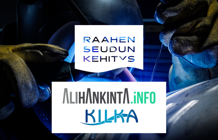 Hitsaaja työssään, Raahen seudun kehityksen ja Alihankintainfon logot.